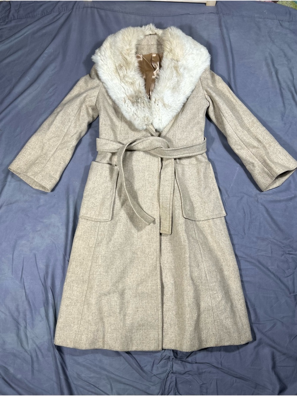Wool Blend Faux Fur Collar Belted Long Coat - Cream